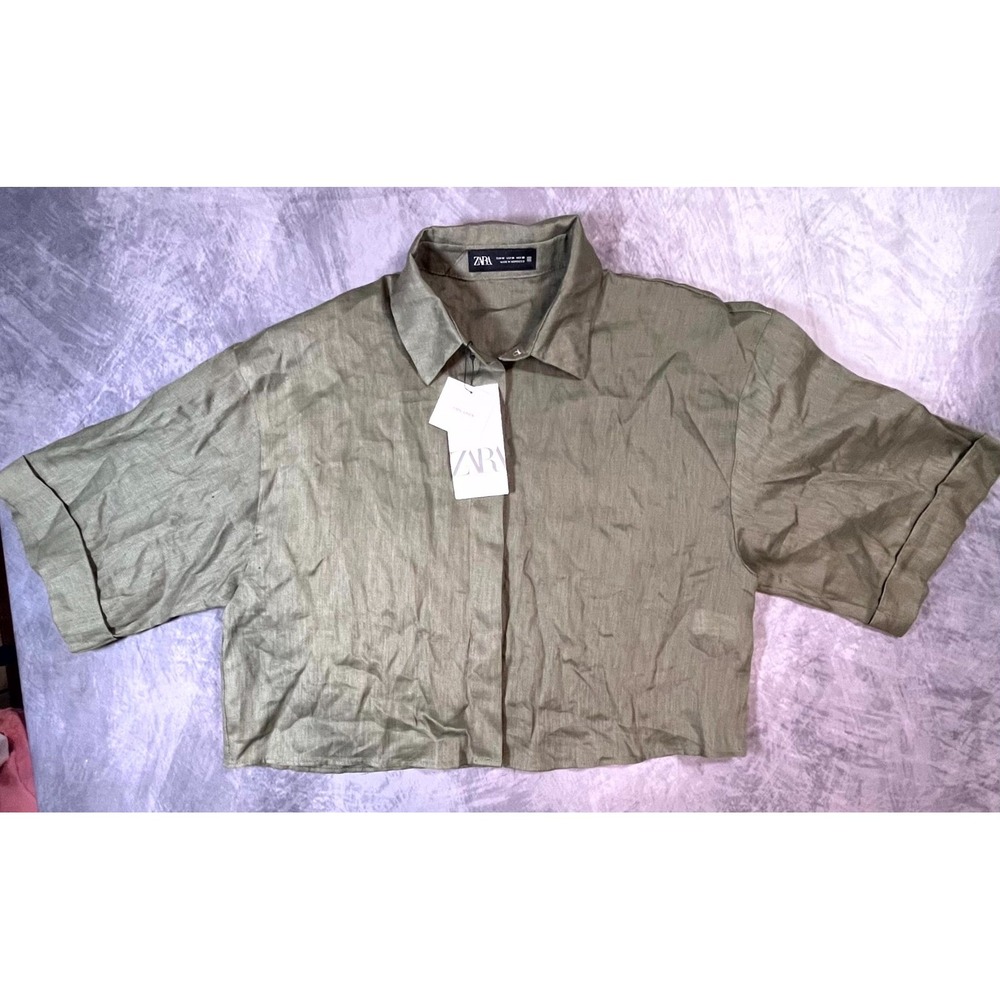 Zara Cropped Shirt Womens Medium Green Linen Drop Shoulder Button Up Top